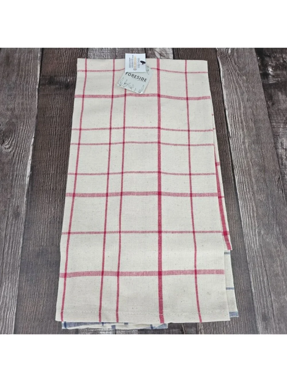 Foreside Riley Plaid Tea Towels 2 Piece Cream Red Blue Cotton Boho Farmhouse New
